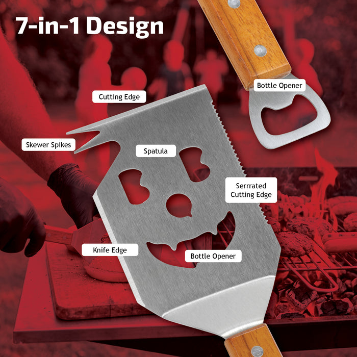 BBQ Spatula Grill Tool with Wooden Handle Bottle Opener 7-in-1 Extra Long
