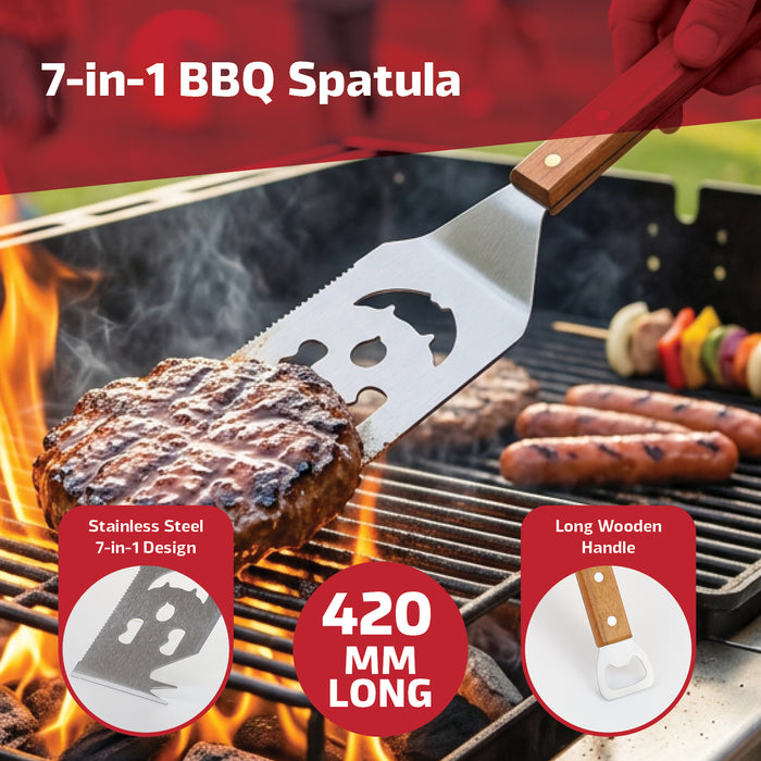 BBQ Spatula Grill Tool with Wooden Handle Bottle Opener 7-in-1 Extra Long