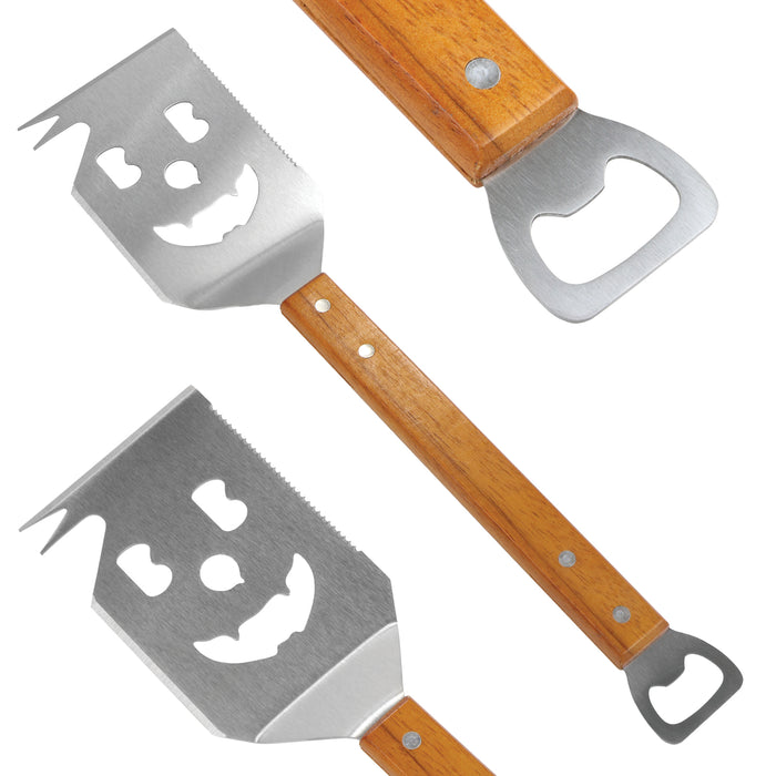 BBQ Spatula Grill Tool with Wooden Handle Bottle Opener 7-in-1 Extra Long