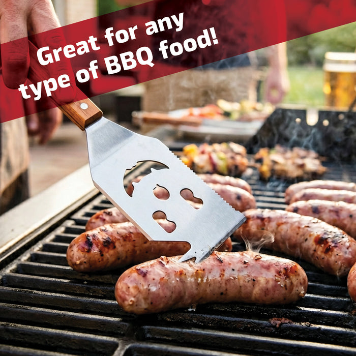 BBQ Spatula Grill Tool with Wooden Handle Bottle Opener 7-in-1 Extra Long