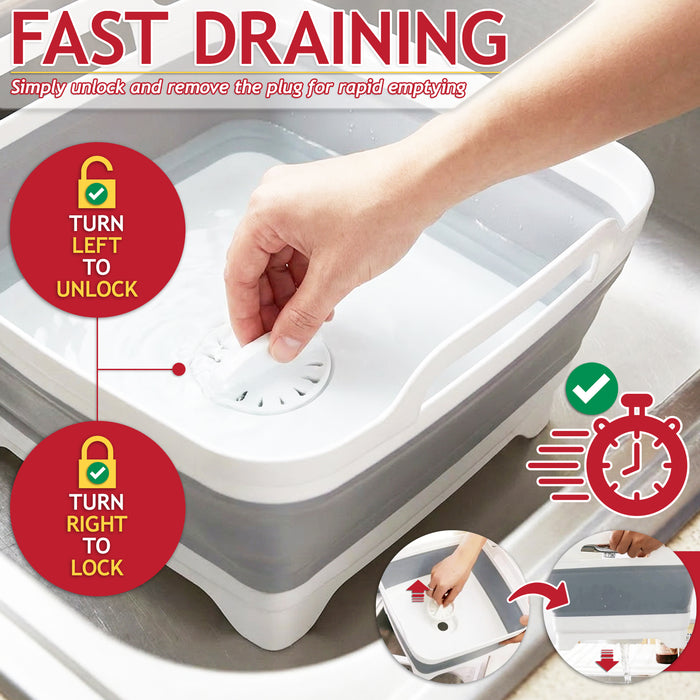 Collapsible Washing Up Bowl with Draining Plug and Carry Handles Large 9L Capacity Foldable Portable Sink Basin Dishpan Tub