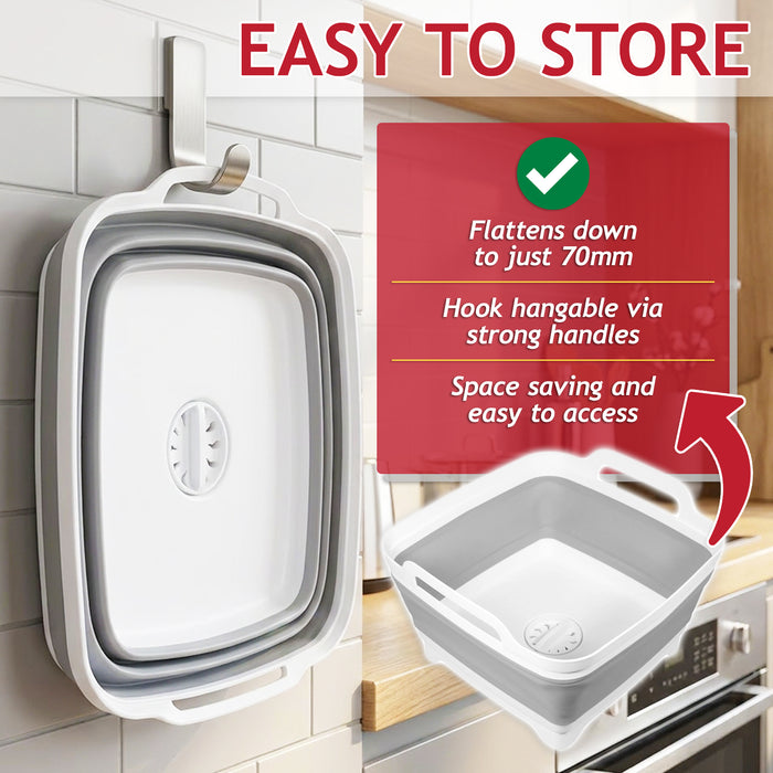 Collapsible Washing Up Bowl with Draining Plug and Carry Handles Large 9L Capacity Foldable Portable Sink Basin Dishpan Tub