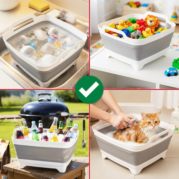 Collapsible Washing Up Bowl with Draining Plug and Carry Handles Large 9L Capacity Foldable Portable Sink Basin Dishpan Tub