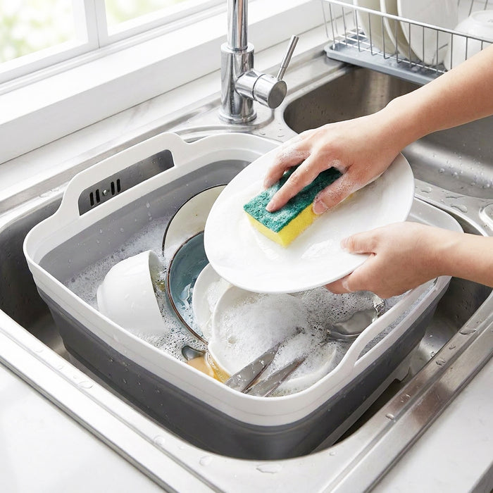 Collapsible Washing Up Bowl with Draining Plug and Carry Handles Large 9L Capacity Foldable Portable Sink Basin Dishpan Tub