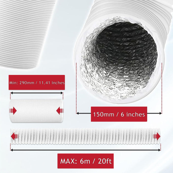 Vent Hose 6" 6m Air Con Conditioner PVC Aluminium AC Duct Pipe Extension Kit