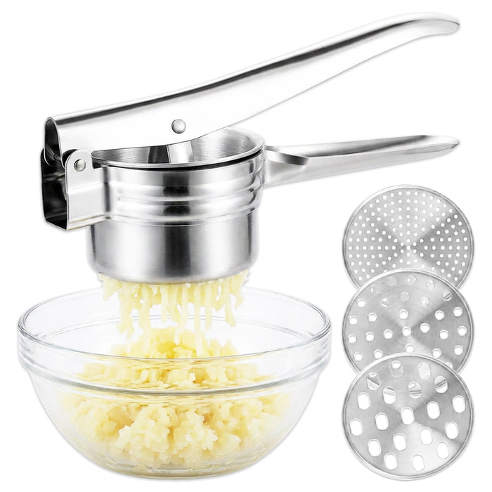 Stainless Steel Potato Ricer Masher Vegetable Fruit Puree Juice Presser Crusher Tool (with 3 Changeable Thickness Discs)