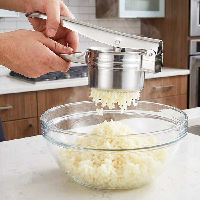 Stainless Steel Potato Ricer Masher Vegetable Fruit Puree Juice Presser Crusher Tool (with 3 Changeable Thickness Discs)