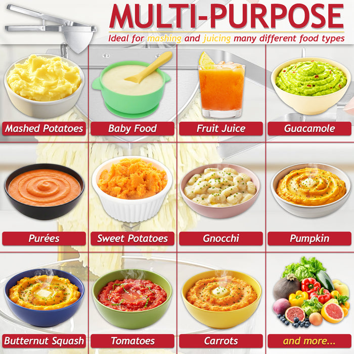 Stainless Steel Potato Ricer Masher Vegetable Fruit Puree Juice Food Presser Tool with Large Double Sided Mashing Basket