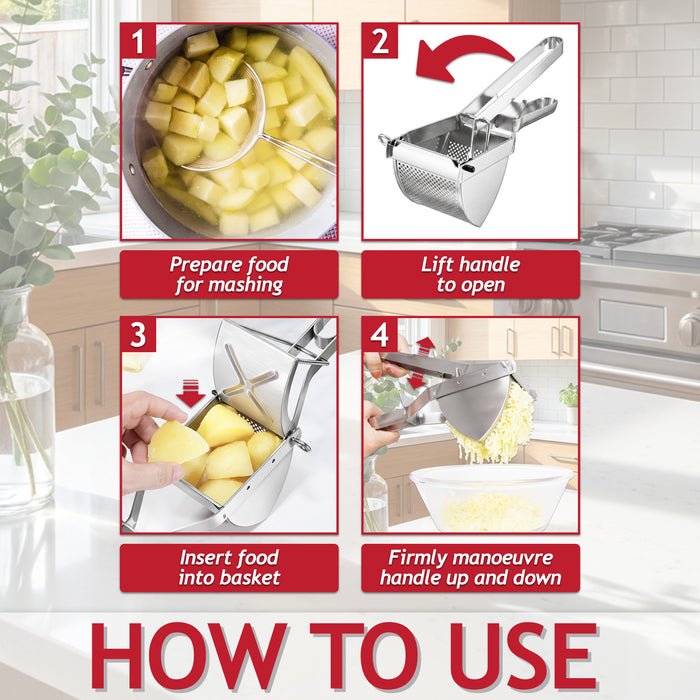 Stainless Steel Potato Ricer Masher Vegetable Fruit Puree Juice Food Presser Tool with Large Double Sided Mashing Basket
