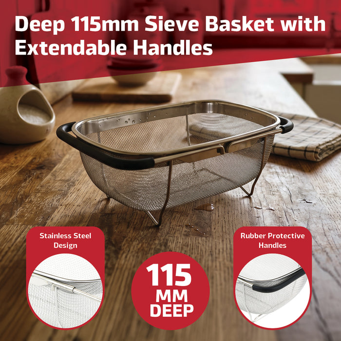 Strainer Sieve Extendable Drain Basket Wire Mesh Over Sink Colander 190x255mm