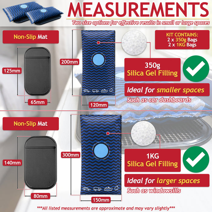 Reusable Dehumidifier Car Home Moisture Absorber Silica Gel Desiccant Bags with Non-Slip Mats (2 x 350g + 2 x 1KG)