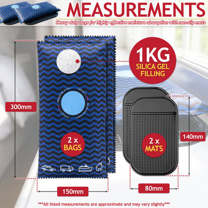 Reusable Dehumidifier Car Home Moisture Absorber Silica Gel Desiccant Bags with Non-Slip Mats (1KG, Pack of 2)