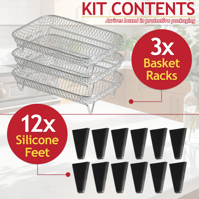 3 Tier Rack Basket Kit for Ninja AF300UK AF400UK AF451UK AF500UK Air Fryer (3 Racks + 12 Silicone Feet)