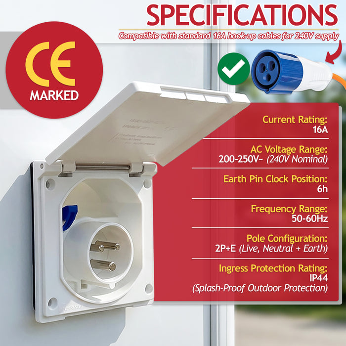 240V Caravan Mains Socket Inlet Campervan Motorhome 16A Hook Up Cable Flush Fit Box IP44 (White)
