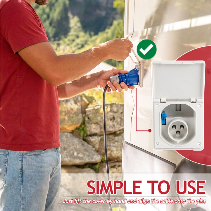 240V Caravan Mains Socket Inlet Campervan Motorhome 16A Hook Up Cable Flush Fit Box IP44 (White)