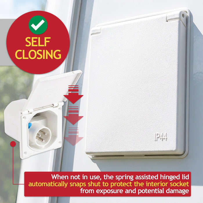 240V Caravan Mains Socket Inlet Campervan Motorhome 16A Hook Up Cable Flush Fit Box IP44 (White)