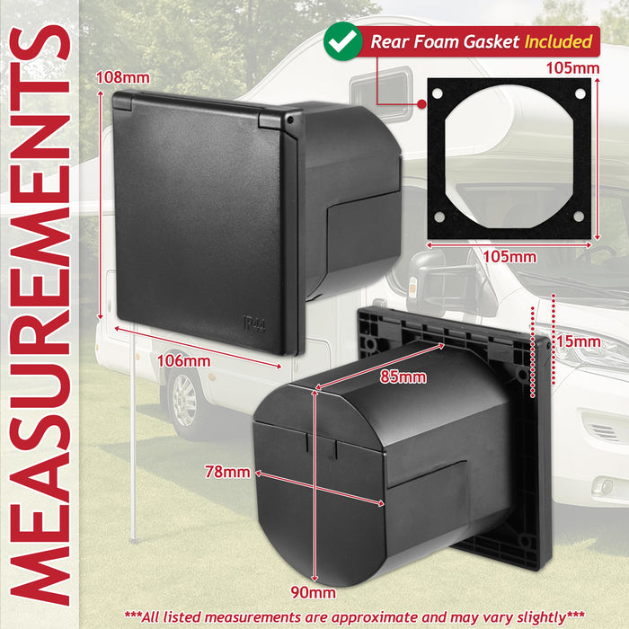 240V Caravan Mains Socket Inlet Campervan Motorhome 16A Hook Up Cable Flush Fit Box IP44 (Black)