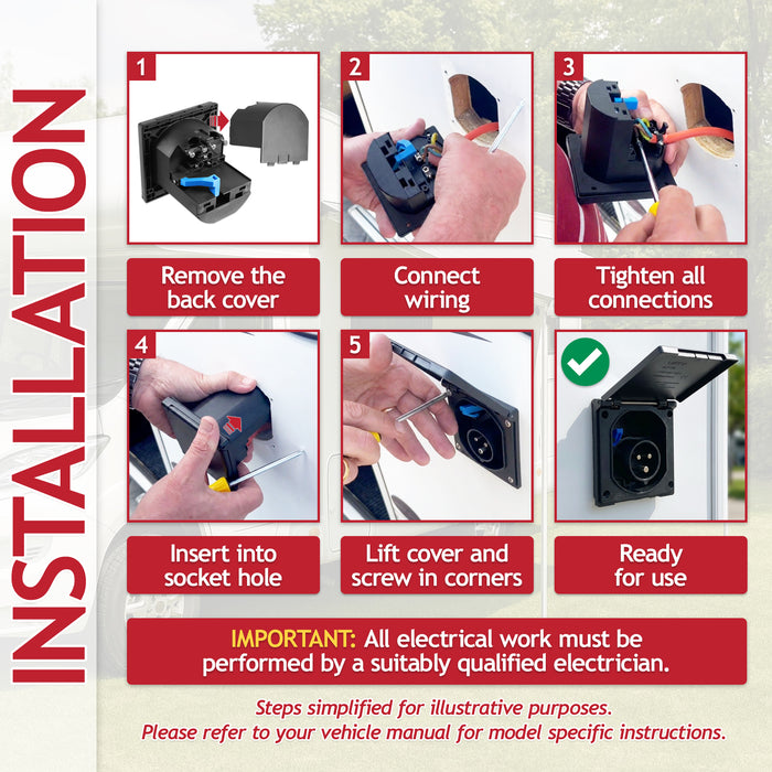 240V Caravan Mains Socket Inlet Campervan Motorhome 16A Hook Up Cable Flush Fit Box IP44 (Black)