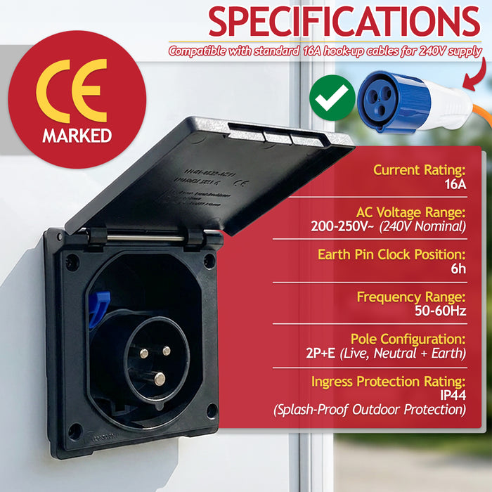240V Caravan Mains Socket Inlet Campervan Motorhome 16A Hook Up Cable Flush Fit Box IP44 (Black)