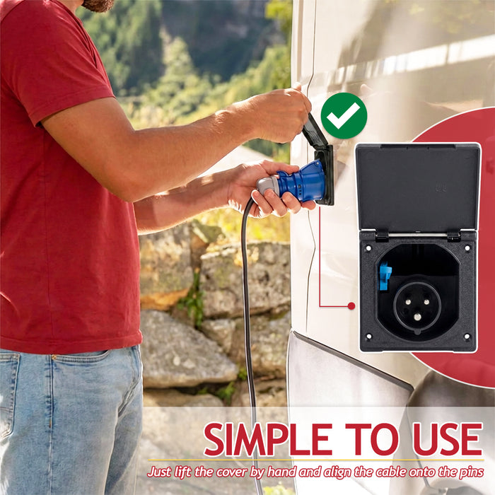 240V Caravan Mains Socket Inlet Campervan Motorhome 16A Hook Up Cable Flush Fit Box IP44 (Black)