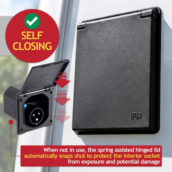 240V Caravan Mains Socket Inlet Campervan Motorhome 16A Hook Up Cable Flush Fit Box IP44 (Black)