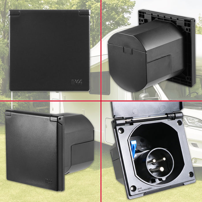 240V Caravan Mains Socket Inlet Campervan Motorhome 16A Hook Up Cable Flush Fit Box IP44 (Black)