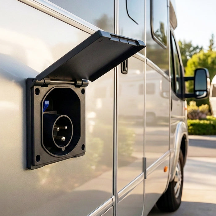 240V Caravan Mains Socket Inlet Campervan Motorhome 16A Hook Up Cable Flush Fit Box IP44 (Black)