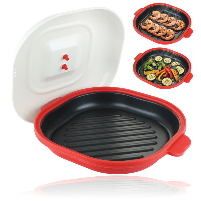 Microwave Grill Pan with Lid Non-Stick Easy Clean 23cm Square Portable Griddle