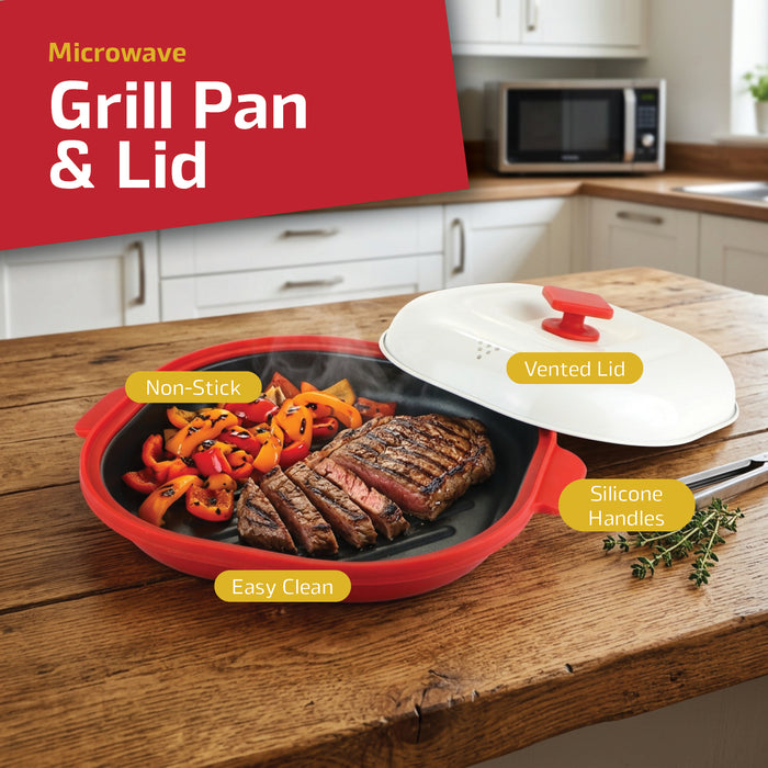 Microwave Grill Pan with Lid Non-Stick Easy Clean 23cm Square Portable Griddle