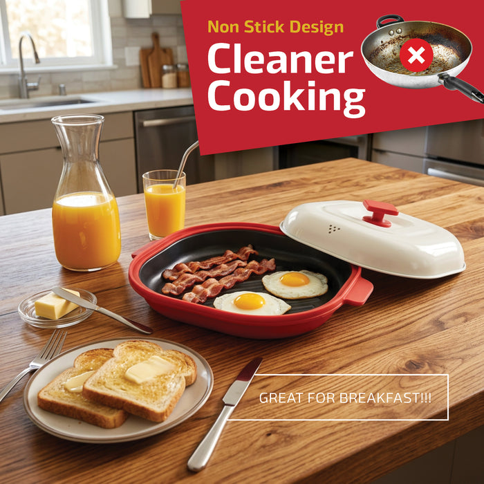 Microwave Grill Pan with Lid Non-Stick Easy Clean 23cm Square Portable Griddle