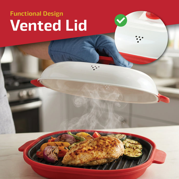Microwave Grill Pan with Lid Non-Stick Easy Clean 23cm Square Portable Griddle
