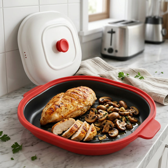 Microwave Grill Pan with Lid Non-Stick Easy Clean 23cm Square Portable Griddle