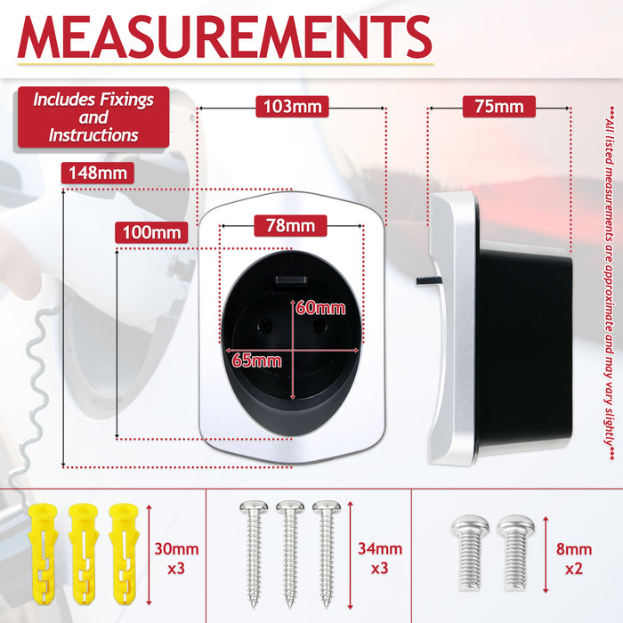 Type 2 EV Charger Holder Wall Mounted Electric Vehicle Car Cable Tidy Dock with Fixings (IEC 62196-2)