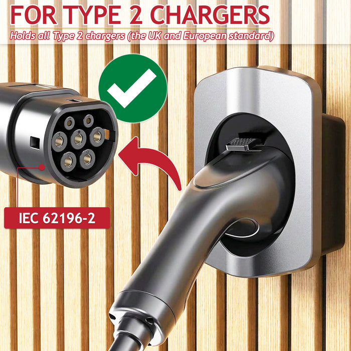 Type 2 EV Charger Holder Wall Mounted Electric Vehicle Car Cable Tidy Dock with Fixings (IEC 62196-2)