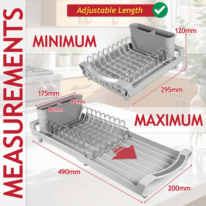 Compact Expandable Stainless Steel Dish Drainer Drying Sink Rack with Adjustable Extendable Length (Grey)