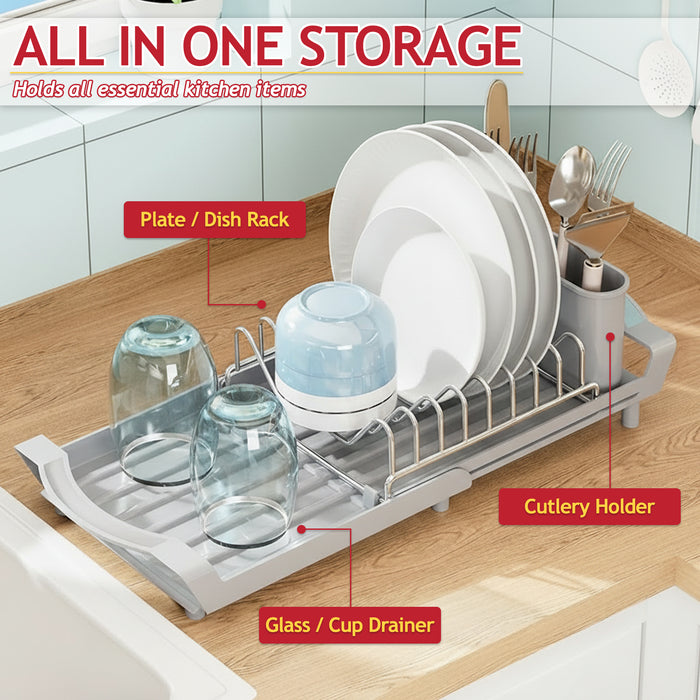 Compact Expandable Stainless Steel Dish Drainer Drying Sink Rack with Adjustable Extendable Length (Grey)