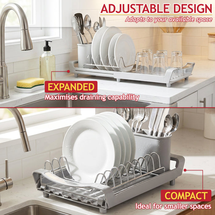 Compact Expandable Stainless Steel Dish Drainer Drying Sink Rack with Adjustable Extendable Length (Grey)