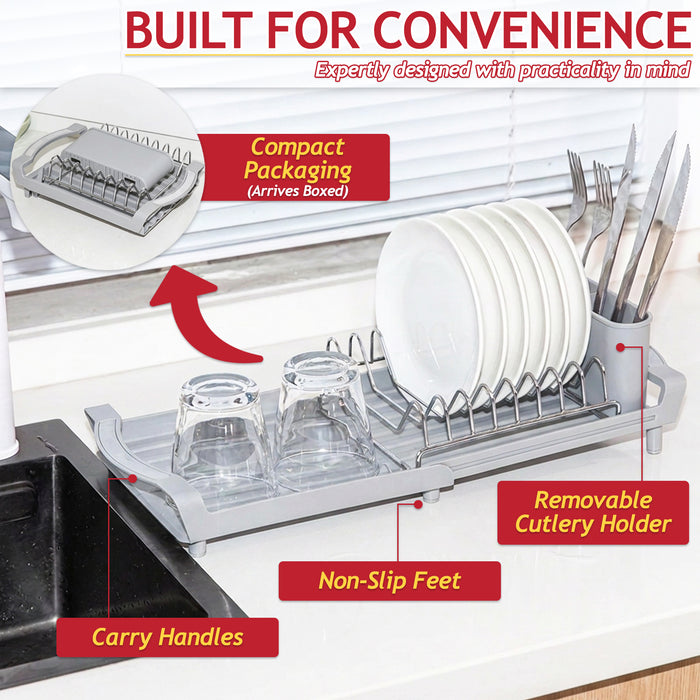 Compact Expandable Stainless Steel Dish Drainer Drying Sink Rack with Adjustable Extendable Length (Grey)