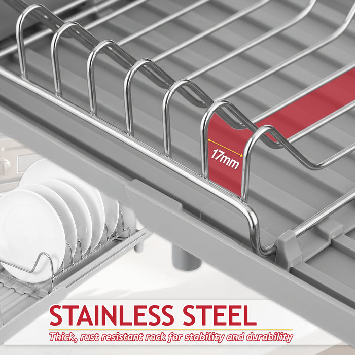 Compact Expandable Stainless Steel Dish Drainer Drying Sink Rack with Adjustable Extendable Length (Grey)