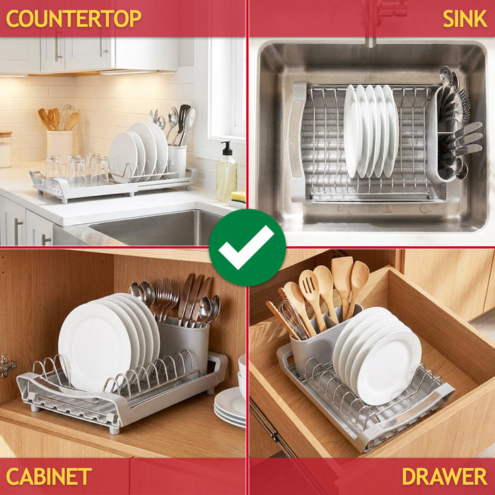Compact Expandable Stainless Steel Dish Drainer Drying Sink Rack with Adjustable Extendable Length (Grey)