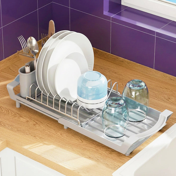 Compact Expandable Stainless Steel Dish Drainer Drying Sink Rack with Adjustable Extendable Length (Grey)