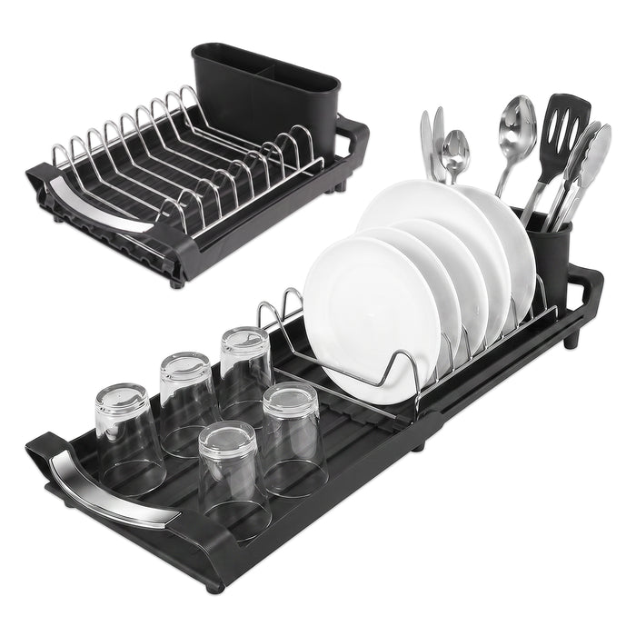 Compact Expandable Stainless Steel Dish Drainer Drying Sink Rack with Adjustable Extendable Length (Black)