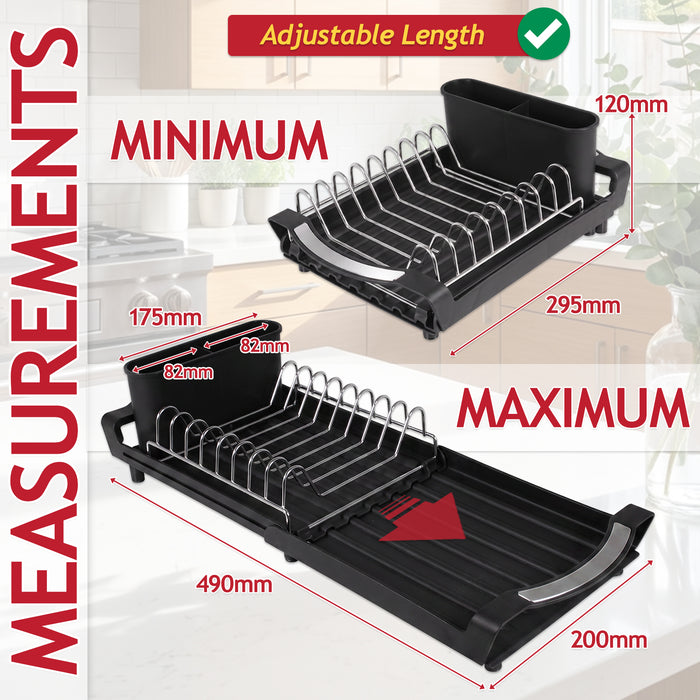 Compact Expandable Stainless Steel Dish Drainer Drying Sink Rack with Adjustable Extendable Length (Black)