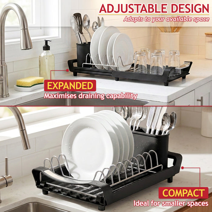 Compact Expandable Stainless Steel Dish Drainer Drying Sink Rack with Adjustable Extendable Length (Black)