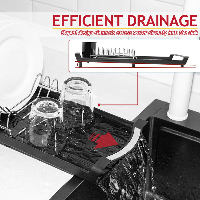 Compact Expandable Stainless Steel Dish Drainer Drying Sink Rack with Adjustable Extendable Length (Black)