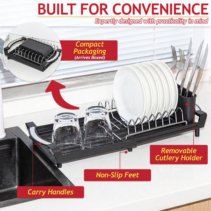 Compact Expandable Stainless Steel Dish Drainer Drying Sink Rack with Adjustable Extendable Length (Black)