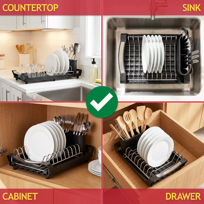 Compact Expandable Stainless Steel Dish Drainer Drying Sink Rack with Adjustable Extendable Length (Black)