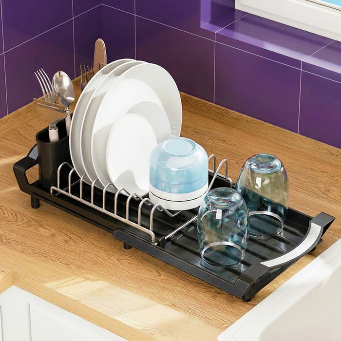 Compact Expandable Stainless Steel Dish Drainer Drying Sink Rack with Adjustable Extendable Length (Black)