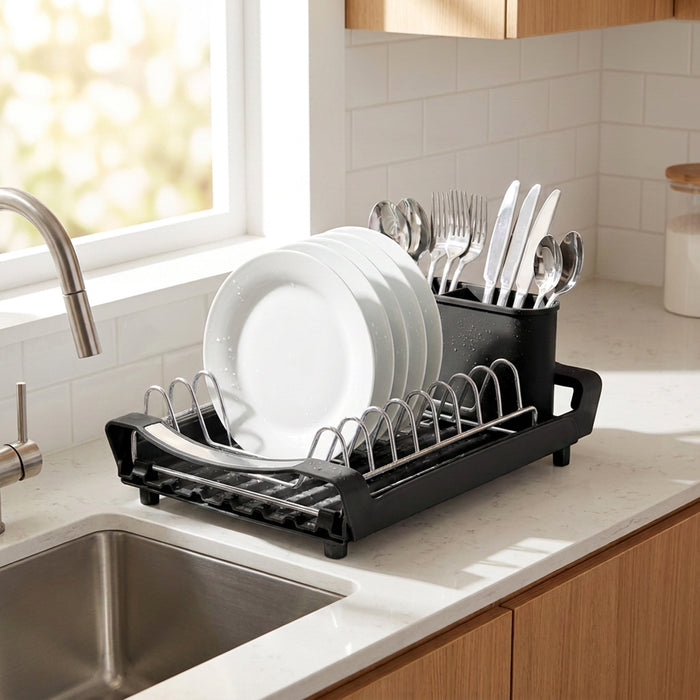 Compact Expandable Stainless Steel Dish Drainer Drying Sink Rack with Adjustable Extendable Length (Black)