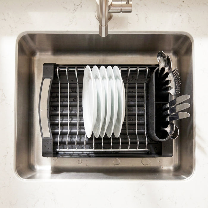 Compact Expandable Stainless Steel Dish Drainer Drying Sink Rack with Adjustable Extendable Length (Black)